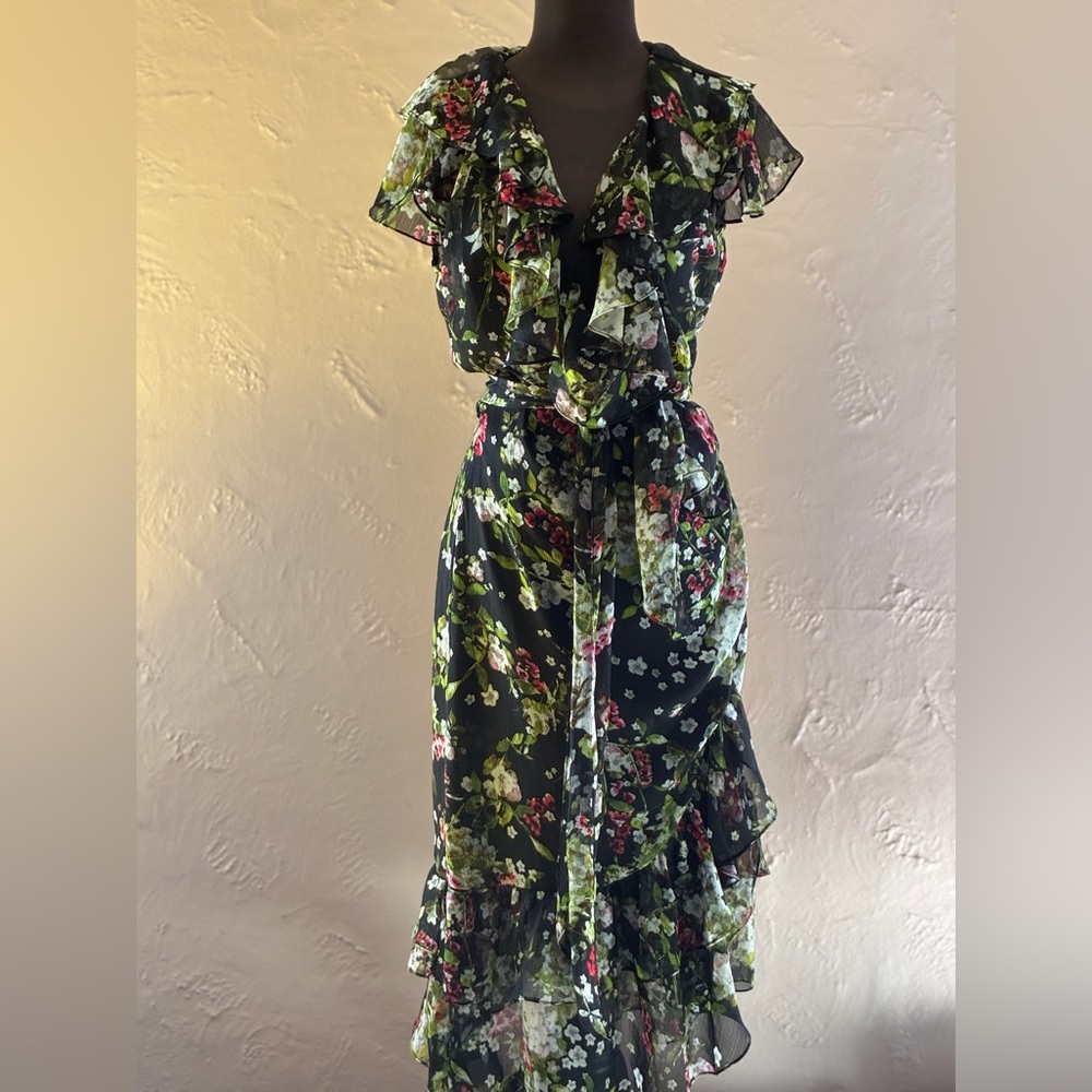 Vintage Floral Ruffle Midi Dress - Black Floral - Picture 10 of 15